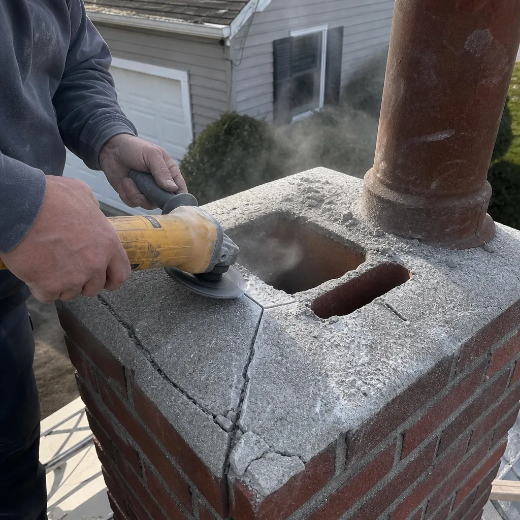Professional contractor performing masonry chimney crown repair with an angle grinder