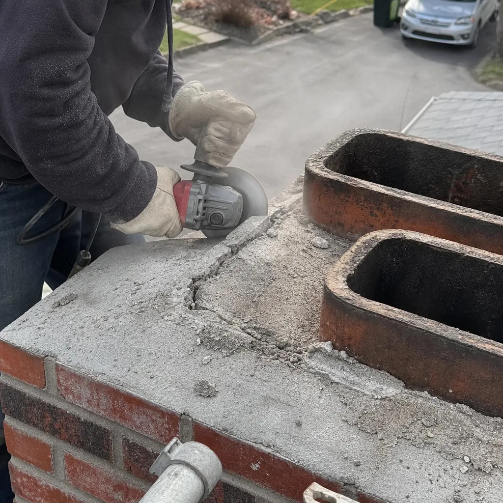 Professional technician using an angle grinder to repair a brick chimney crown