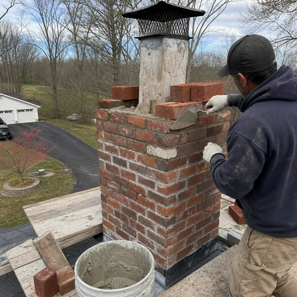 Professional mason performing chimney masonry repair on a residential roof