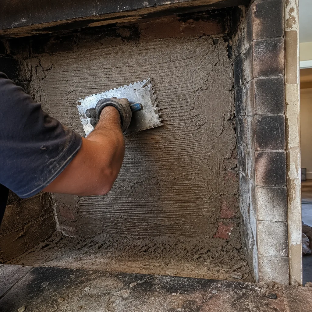 Worker applying mortar to a fireplace firebox for repair or renovation.