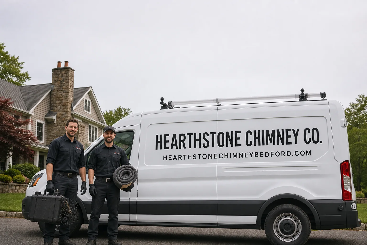 Hearthstone Chimney Co. chimney cleaning service vehicle and crew in Bedford, NY